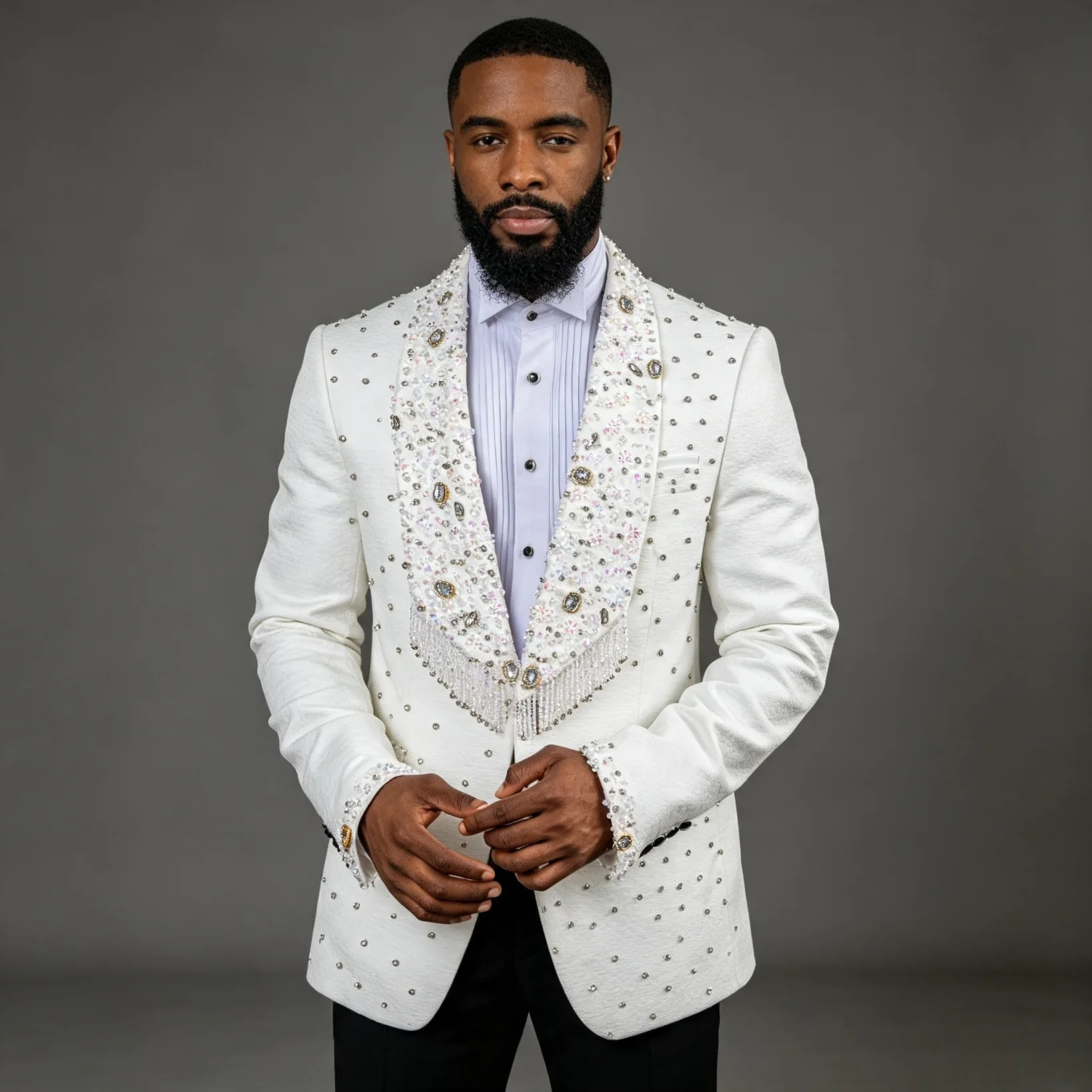 بدلة رجالية فاخرة بيضاء مزينة - مراجعة Men'S Formal Wear No Suit وسعره