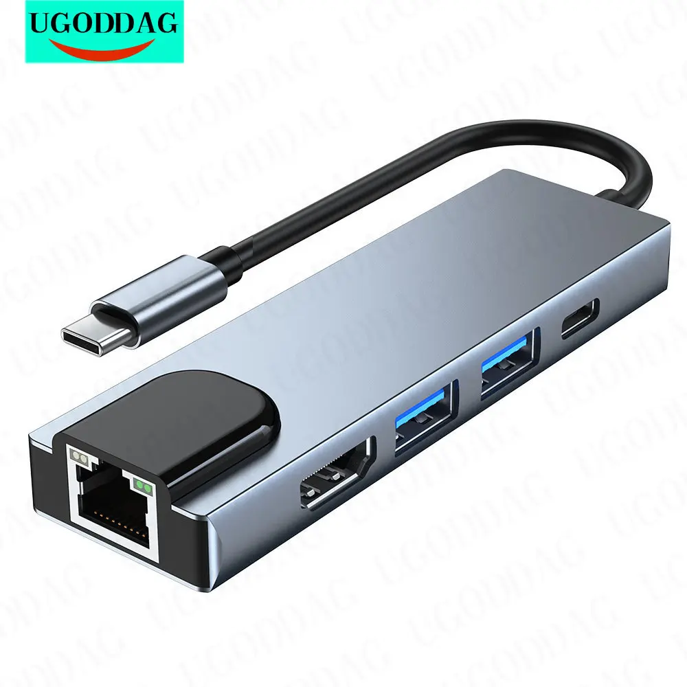 

USB-концентратор 5 в 1, USB Type-C, HDMI-совместимый мультипортовый адаптер с выходом USB 3,0, 2,0, RJ45, Ethernet, USB C, Зарядные порты PD