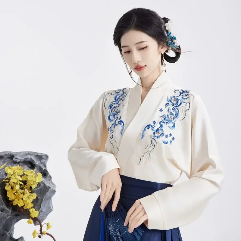 3 Color Song Dynasty Original Flower Cluster Cross Collar Embroidered Machine Sleeved Hanfu Top for Women Autumn Fashion Top