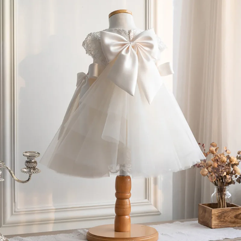 

Custom Flower Girl Dress for Wedding First Christmas Party with Cap Sleeves Lace Embellished Bodice and Side Bow Tulle Skirt