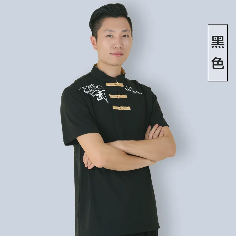 Cotton Linen Men Tai Chi Kungfu Martial Arts Shirts Chinese Style Printing Sweatshirt  Short Sleeve Wushu Casual Workout Shirt