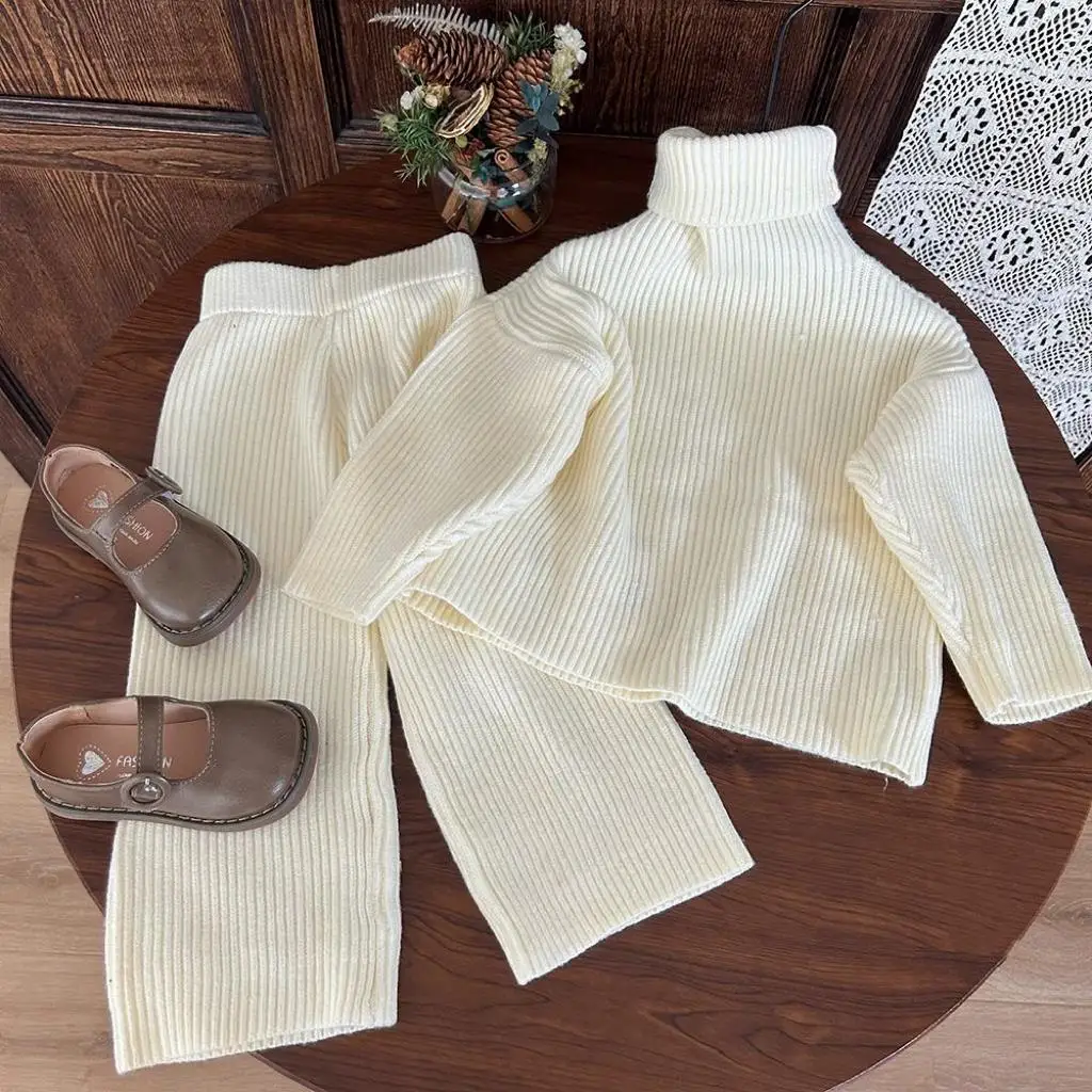 Baby Girl Boy Cotton Knitted Ribbed Clothes Set Sweater+Pant 2PCS Infant Toddler Child Knitwear Suit Autumn Baby Clothes 1-10Y