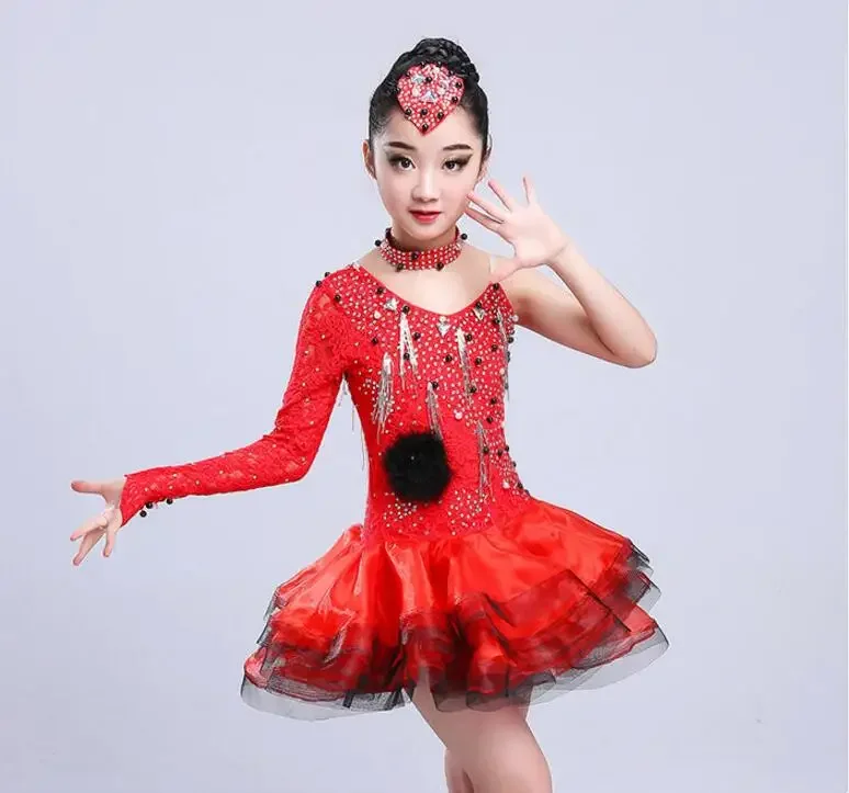ラテンフラメンコ社交ダンス競技ドレス女の子のためのスパンコールサルサルンバタンゴサンバチャチャドレス子供子供衣装