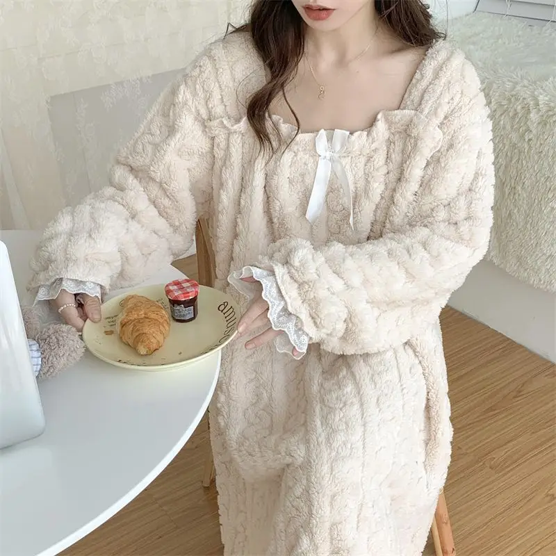 

Plus Size 3XL 4XL Women Long Nightdress Sleepwear Winter Thickened Coral Fleece Nightdress Home Dress Casual Flannel Bathrobe