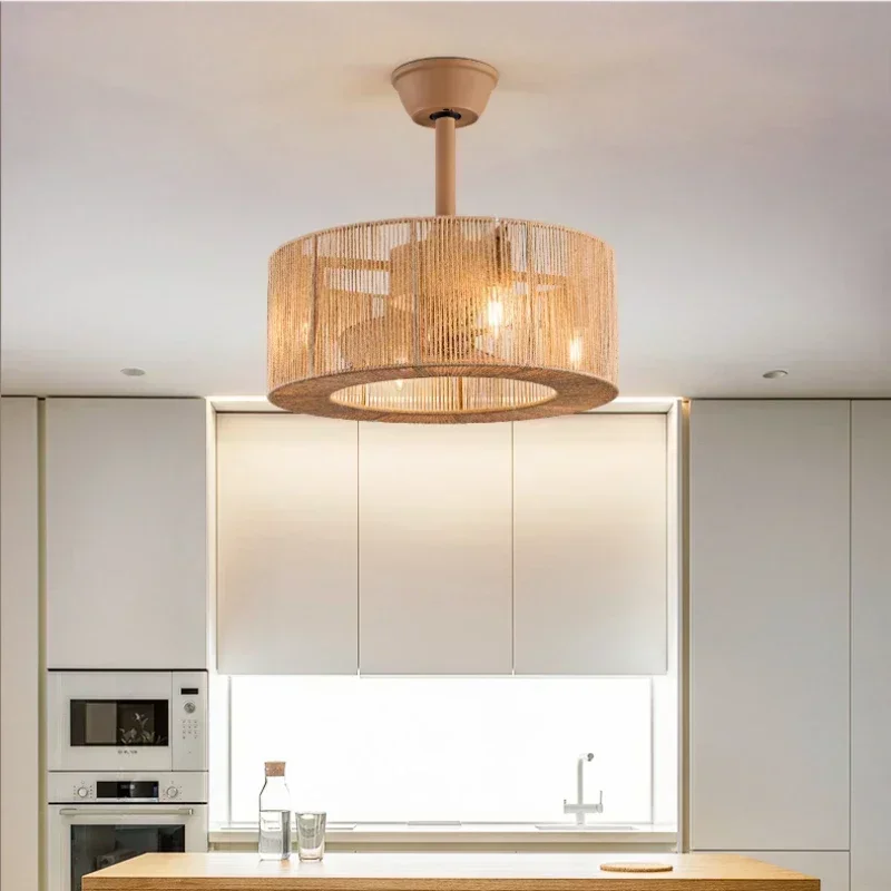 Vintage Deckenventilator Rattan Rotation Gleichstrommotor Ultrastille Fernbedienung Beleuchtungssystem für Schlafzimmer Wohnzimmer Esszimmer