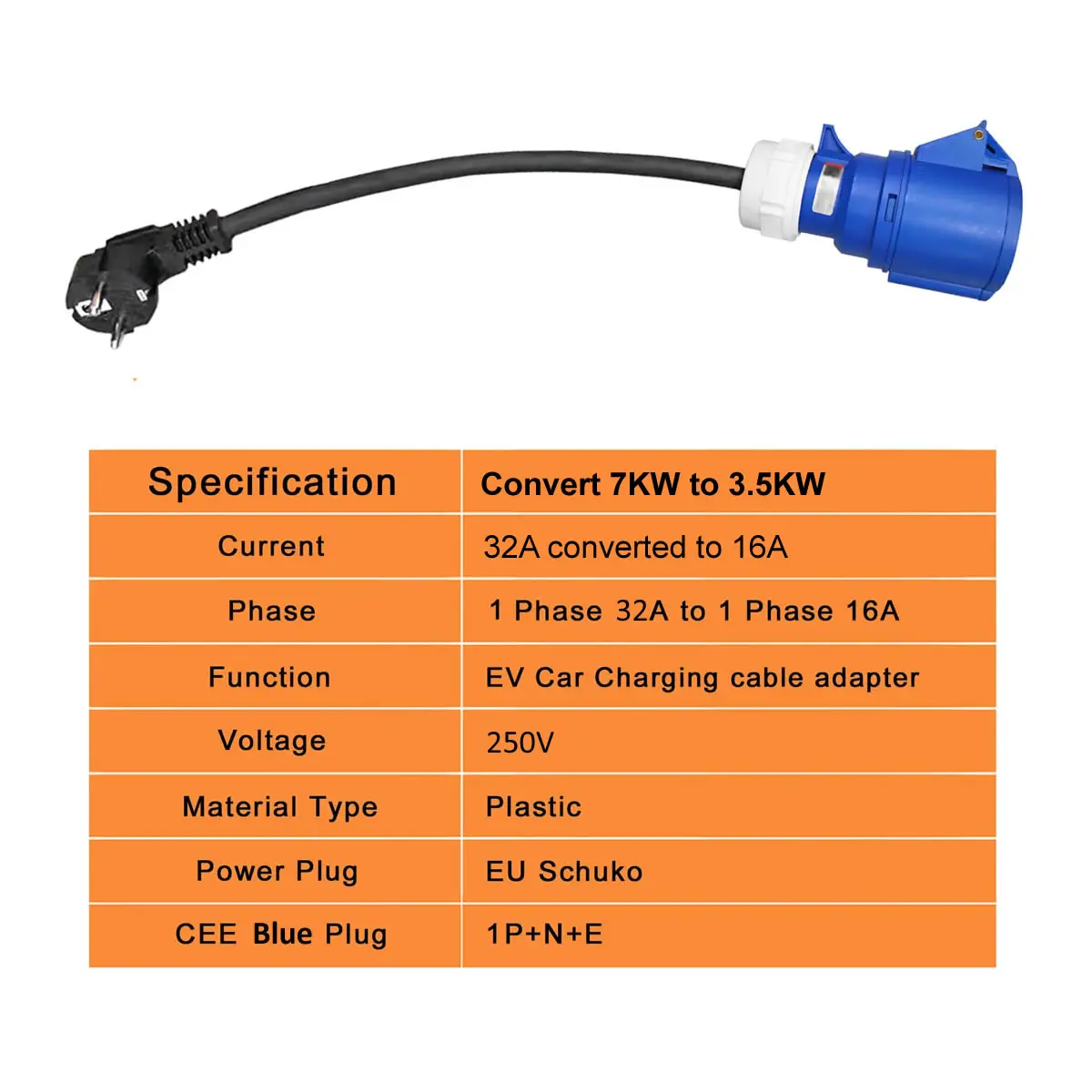 32A Blauer CEE-Buchse auf 16A EU-Schuko-Steckeradapter 7KW auf 3,5KW Elektrofahrzeug-Ladeadapter für EV-Ladegerät tragbar – Detail 1