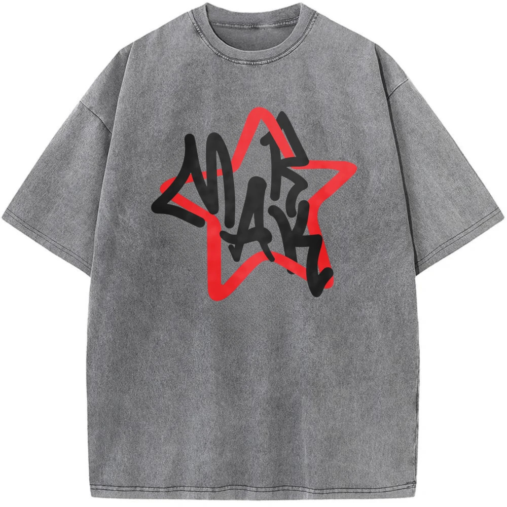 Harajuku Hiphop Washed T-shirts Unisex Oversized Short‑Sleeve Top with Red‑Black Graffiti Star Y2K Casual O-neck Cottons Tee