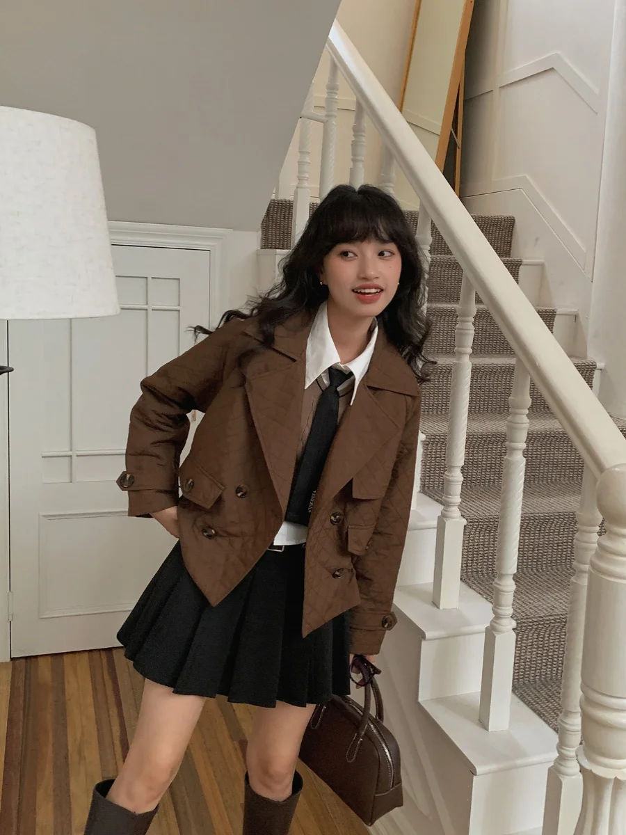 

Brown ort Coat Women's Retro Sle Cotton Jaet Small Size Perfect for Commuting to Jeju Coffee op by Koyano Peach Blossom