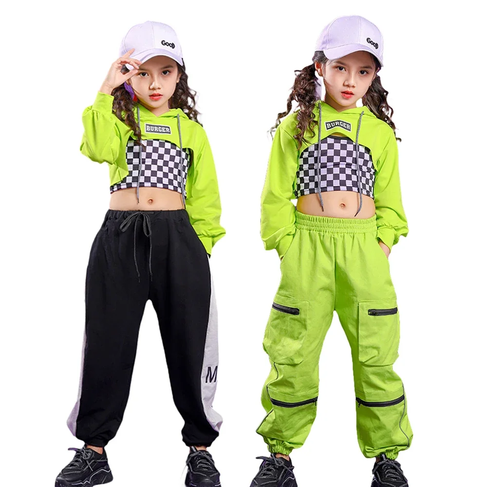 Kids Girls Jazz Dance Sets Hooded Long Sleeves Tops with Crop Vest and Pants Set for Modern Dance Hip Hop Performance Costume