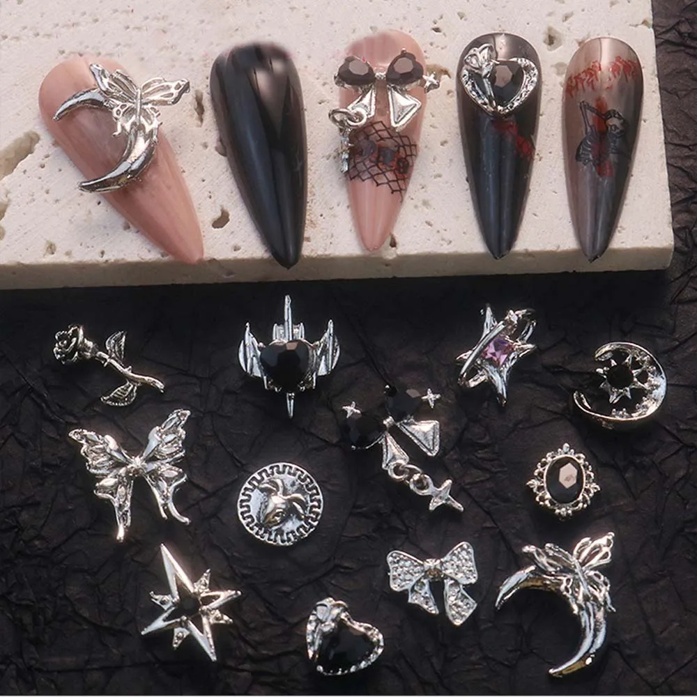 10Pcs Gothic Punk Style Nail Art Charm 3D Alloy Silver Winged Butterfly Moon Rose Nail Decoration DIY Antique Nail Accessories