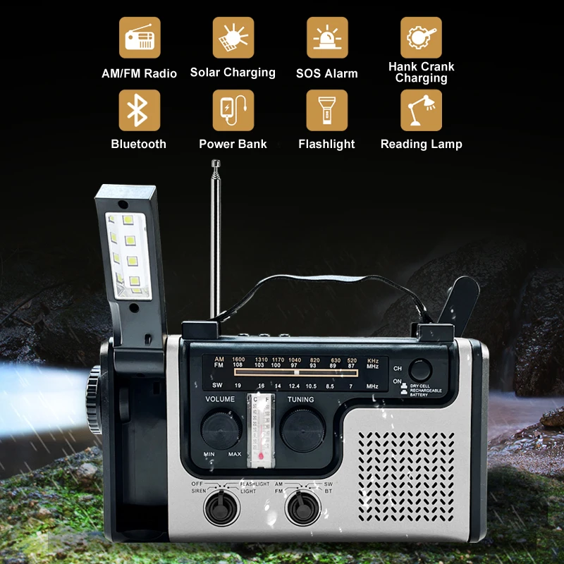 Outdoor Led Flashlight Radio Portable AM/FM/SW Emergency Solar Hand Crank Radio BT Wireless Speaker 2000mah Rechargeable Battery