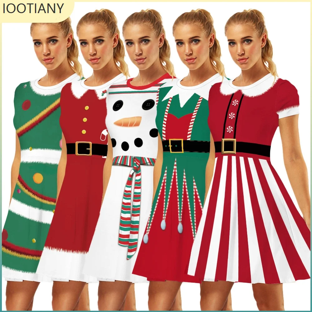 

IOOTIANY Christmas Xmas Party Theme Printed 3D Digital Printing Short Sleeve Victorian Gothic Dress Stage Performance Costume