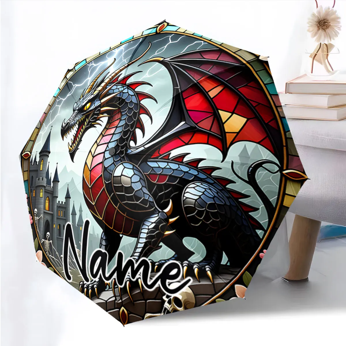 Custom Name Dragon and Castle Fantasy Umbrella Design Print 8 Iron Ribs Folding Umbrella Auto-Open Fashion Sunshade