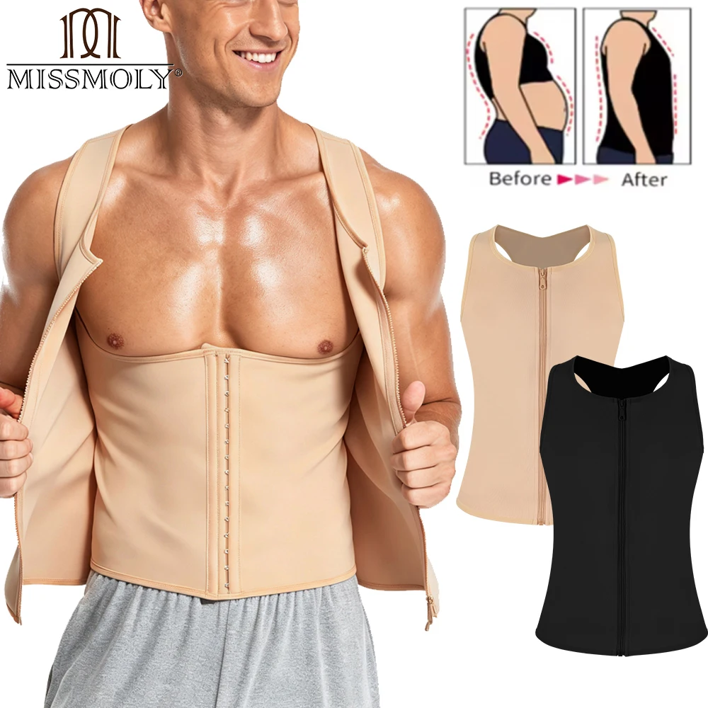 MISSMOLY Men Tummy Control Waist Trainer Vest Strong Compression Body Shaper Zipper Shapewear Abdomen Control Back Support Vest