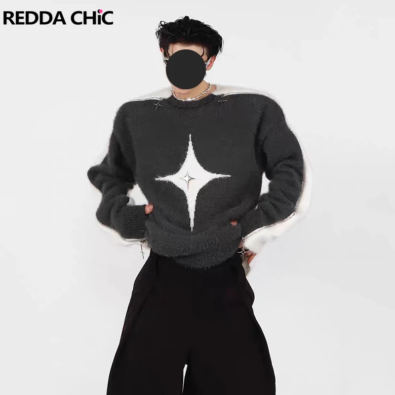 

REDDACHIC Double Zipper Star Pattern Men's Sweater Plus Size Crew Neck Long Sleeve Graphic Pullover Top Retro Hip Hop Streetwear
