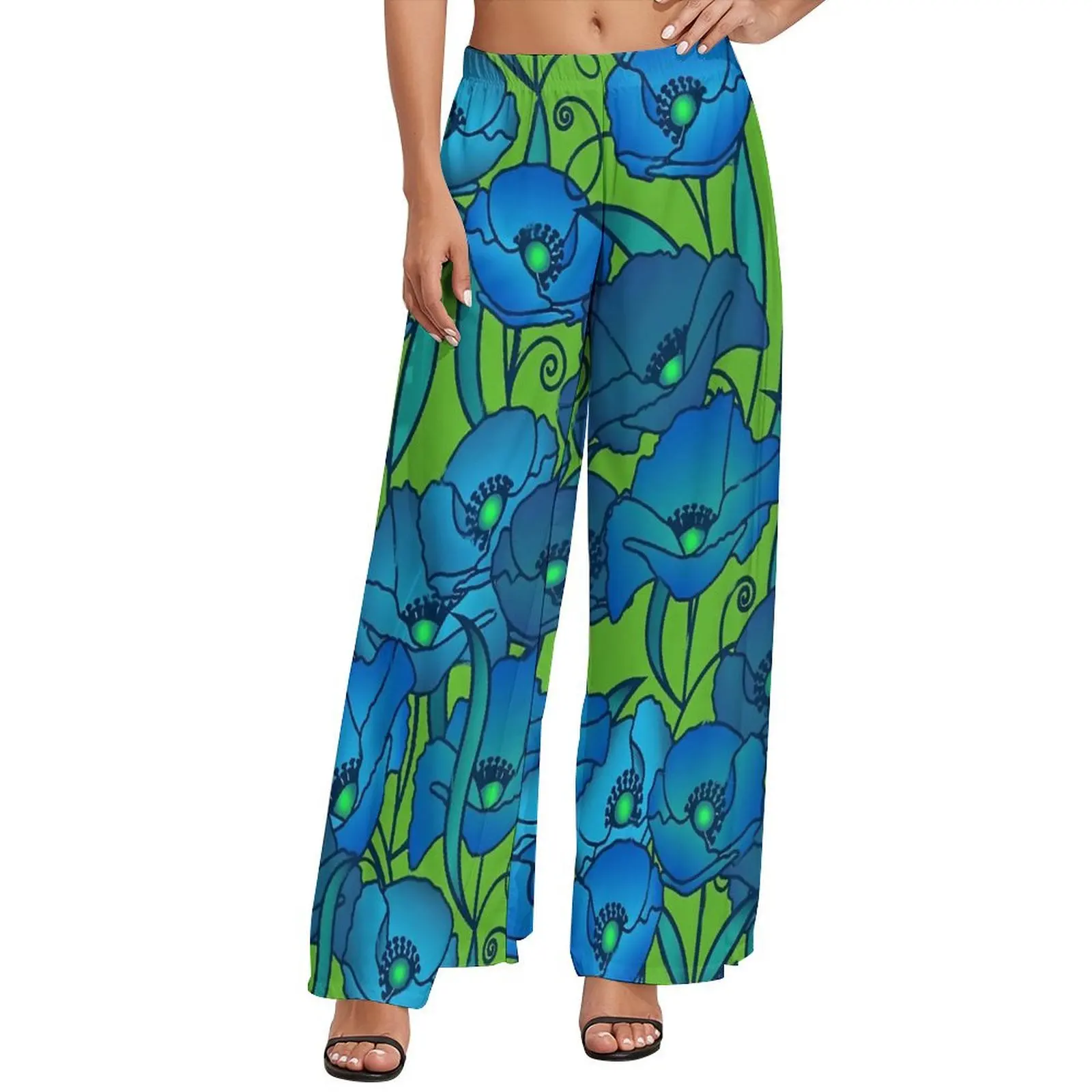 

Blue Flower Pants Elastic Waist Floral Print Casual Trousers Street Style Graphic Wide Leg Pants