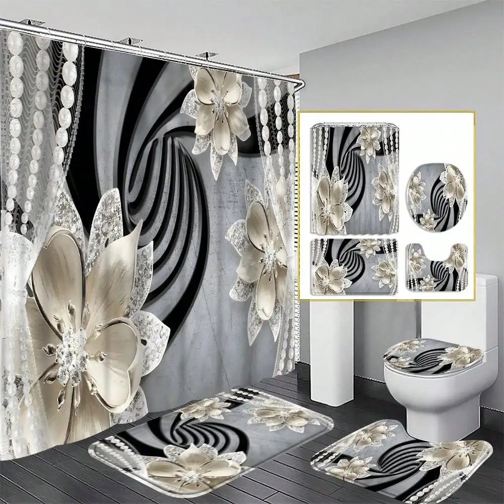 4pcs Floral Bead and 3D Printed Design Simple Pattern Shower Curtain Bathroom Cushion Set, Bathroom Waterproof Shower Curtain