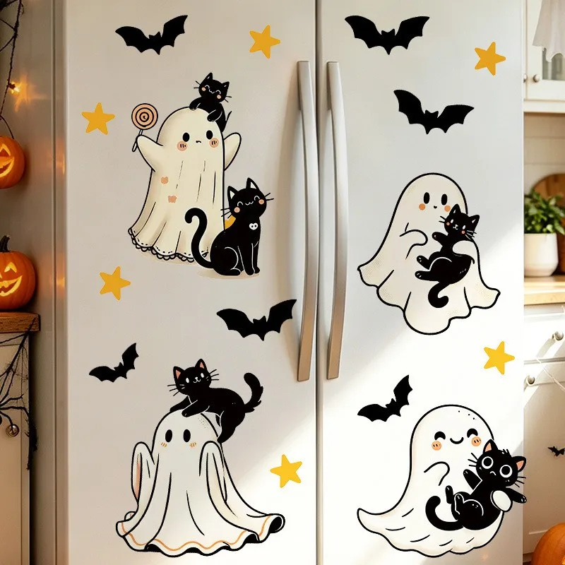 Halloween Hand-Painted Style Cute Ghost Window Cling Adhesive-Free Static Stickers Doodle Style Ghost Bat Window Sticker