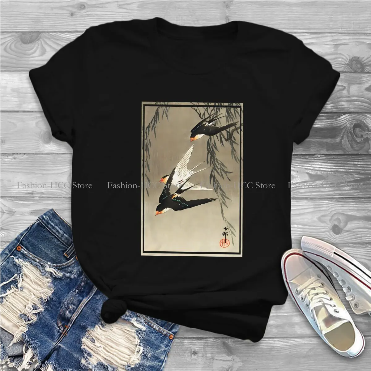 Three Red Tailed Swallows In Dive By Ohara Koson Round Collar Polyester TShirt Ukiyoe Japanese Art Basic T Shirt