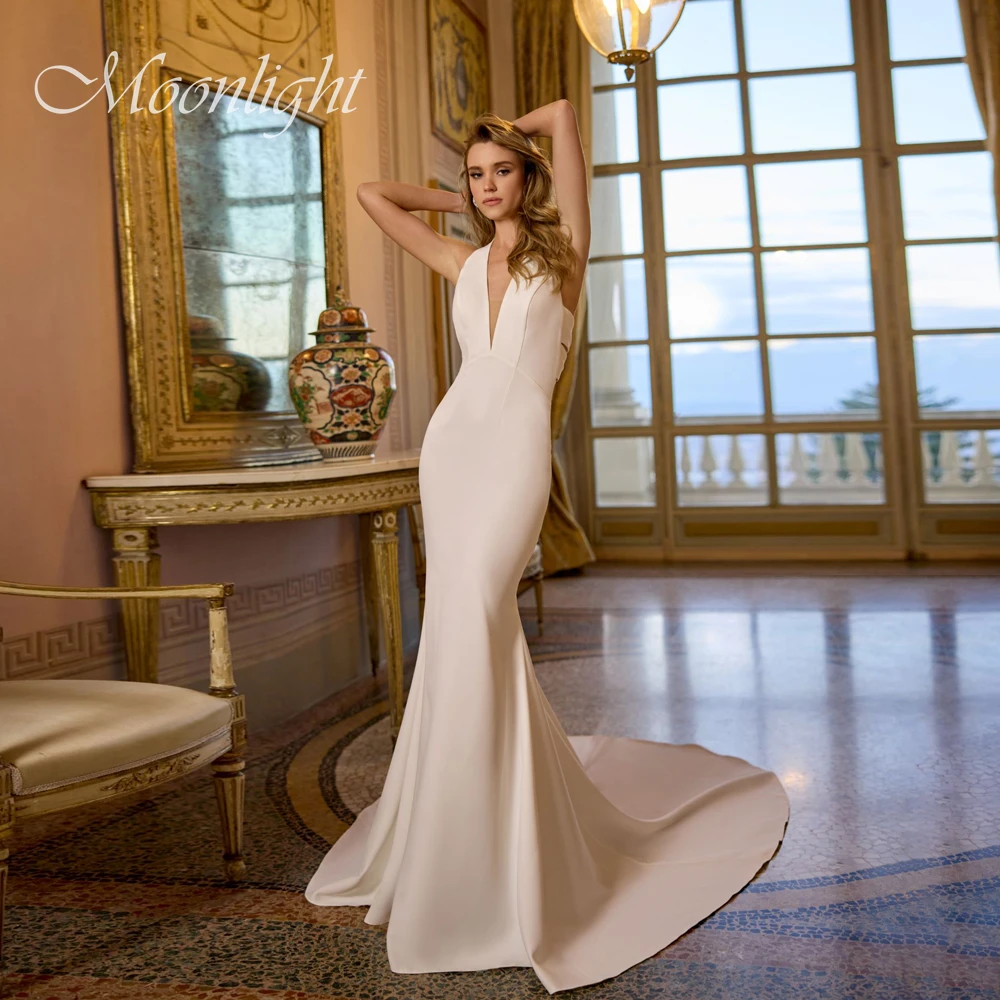 Modern Halter Bows Mermaid Wedding Dress Women Sleeveless Backless Buttons Sweep Train Bridal Gown Vestidos De Novia Customized
