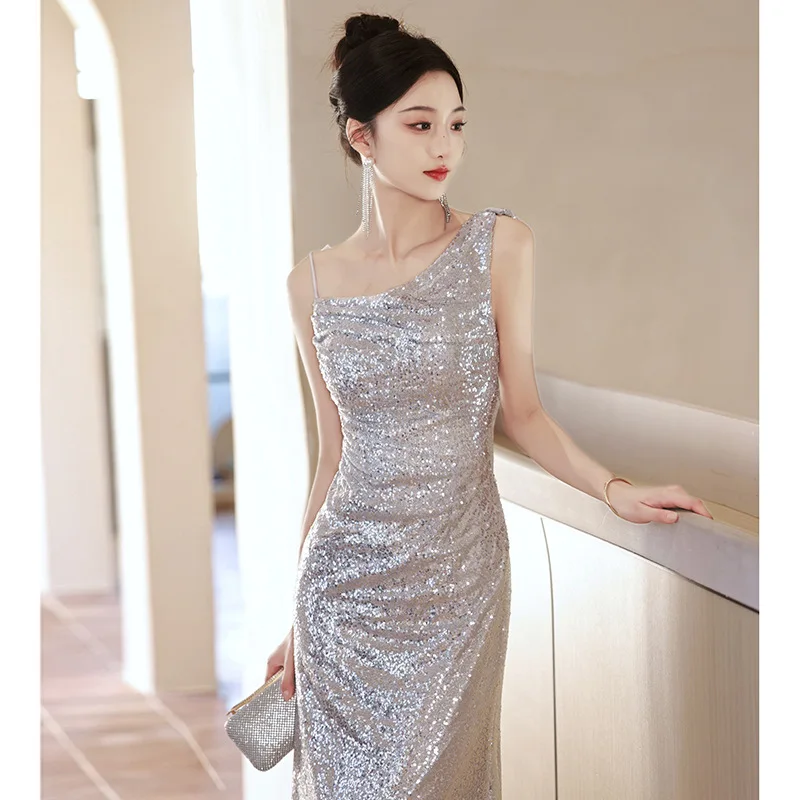 Silver Sequin Evening Dress Women Spaghetti Strap Backless Prom Gown Elegant Modern Sleeveless Fishtail Cocktail Dresses