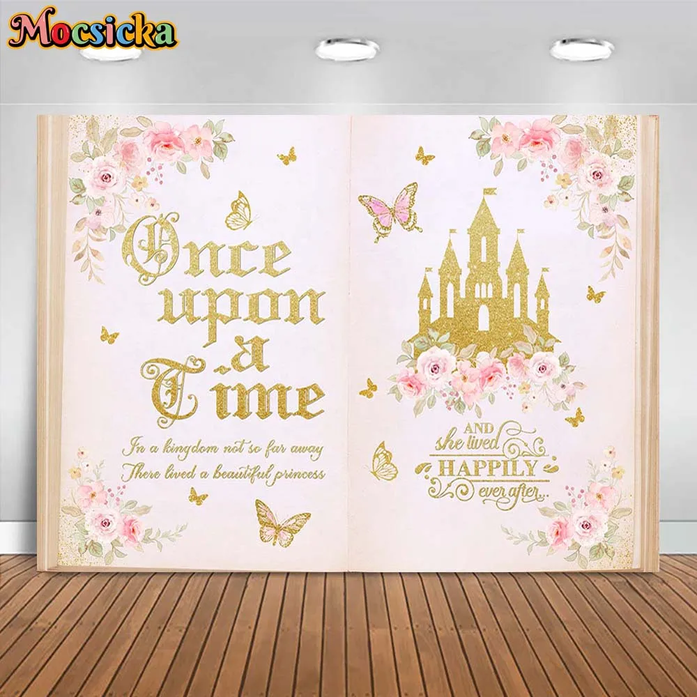 Mocsicka-Magic Book Backdrop para o chuveiro do bebê, Decoração do partido de boas-vindas, Banner de fundo personalizado, uma vez em um tempo, pequena princesa menina