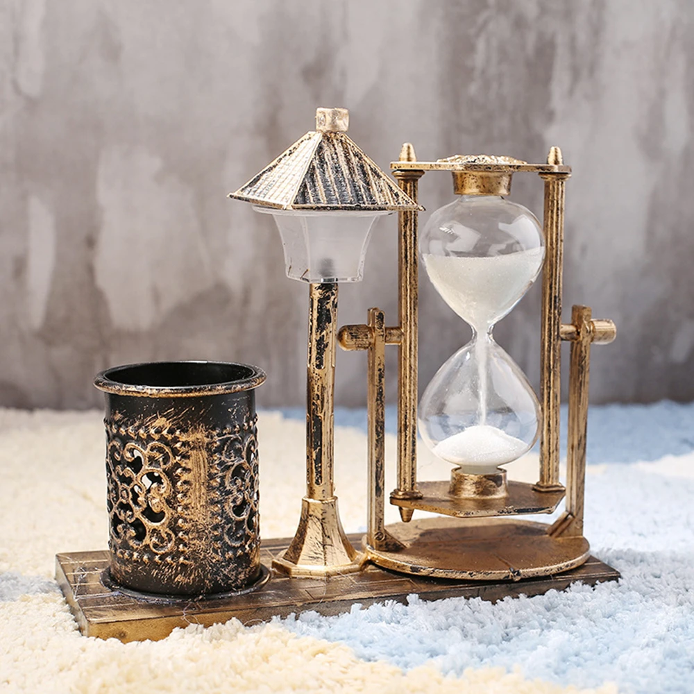 Creative Europe Vintage Metal Pen Holders with Hourglass Home School Office Decoration Gift for Children