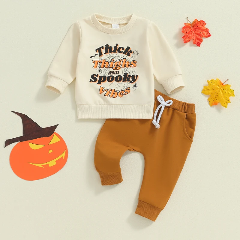 SUNSIOM Baby Boys Pants Set Long Sleeve Crew Neck Letters Cobweb Print Sweatshirt Elastic Waist Sweatpants Halloween Clothes