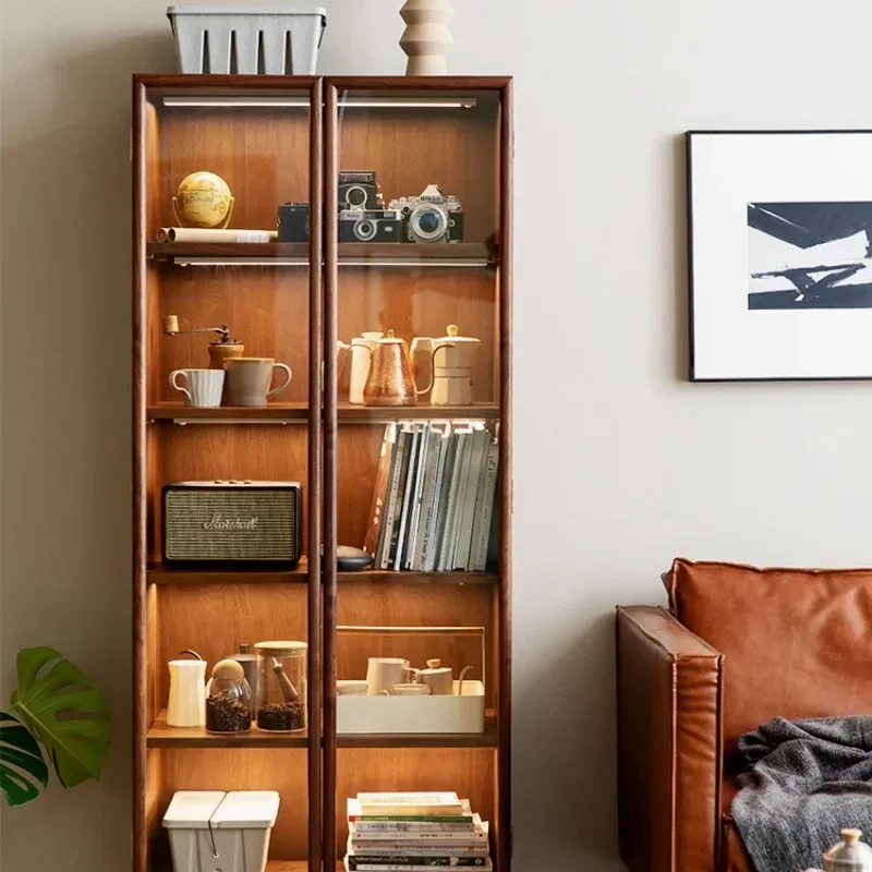 

North America Black Walnut Solid Wood Bookcase with Glass Door Living Room Display Cabinet Bookshelf Storage Cabinet