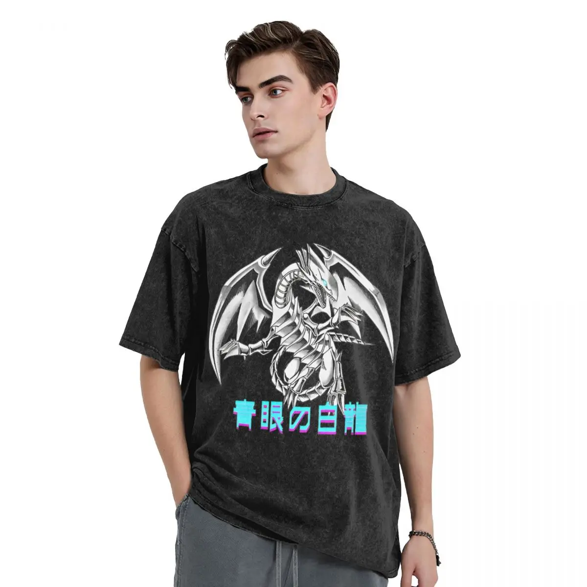 Blue-Eyes White Dragon Washed T Shirt Streetwear T-Shirt Anime Yu-Gi-Oh Tees Tops for Men Women 100% Cotton Street Summer