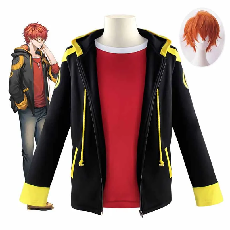 Men Role Play Wig Outfit Mystic Messenger 707 Seven Luciel Saeyoung Choi Cosplay Costume Halloween Zipper Hoodies Coat T-Shirt