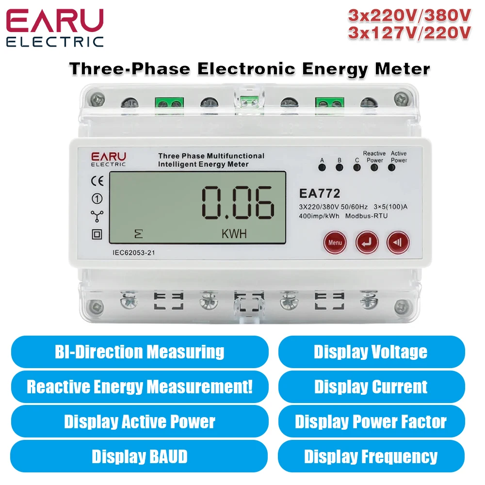 100A Three Phase Multifunctional Intelligent Electronic Bidirectional Energy Power Factor kWh Meter Over Under Current Voltage