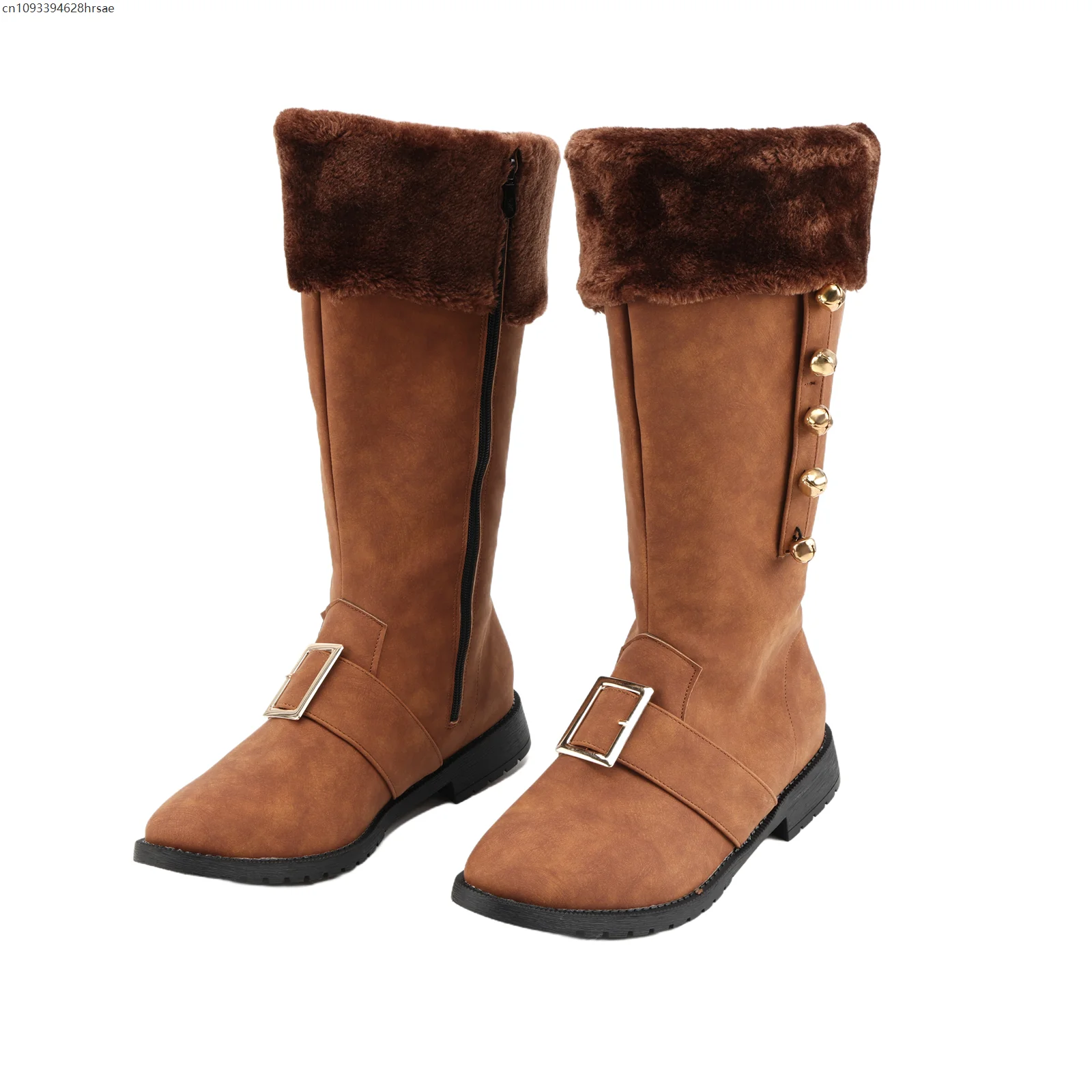 Bottes de noël pour hommes, bottes de Combat à mollet large, chaussures de Cosplay avec poignets en peluche blancs, pied pour Costume d'halloween et de noël