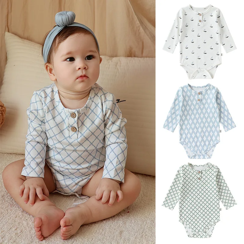 Baby Girls Pure Cotton Bodysuit Newborn Plaid Print Long Sleeve Round Neck Onesie Infant One-piece Rompers Toddler Clothing
