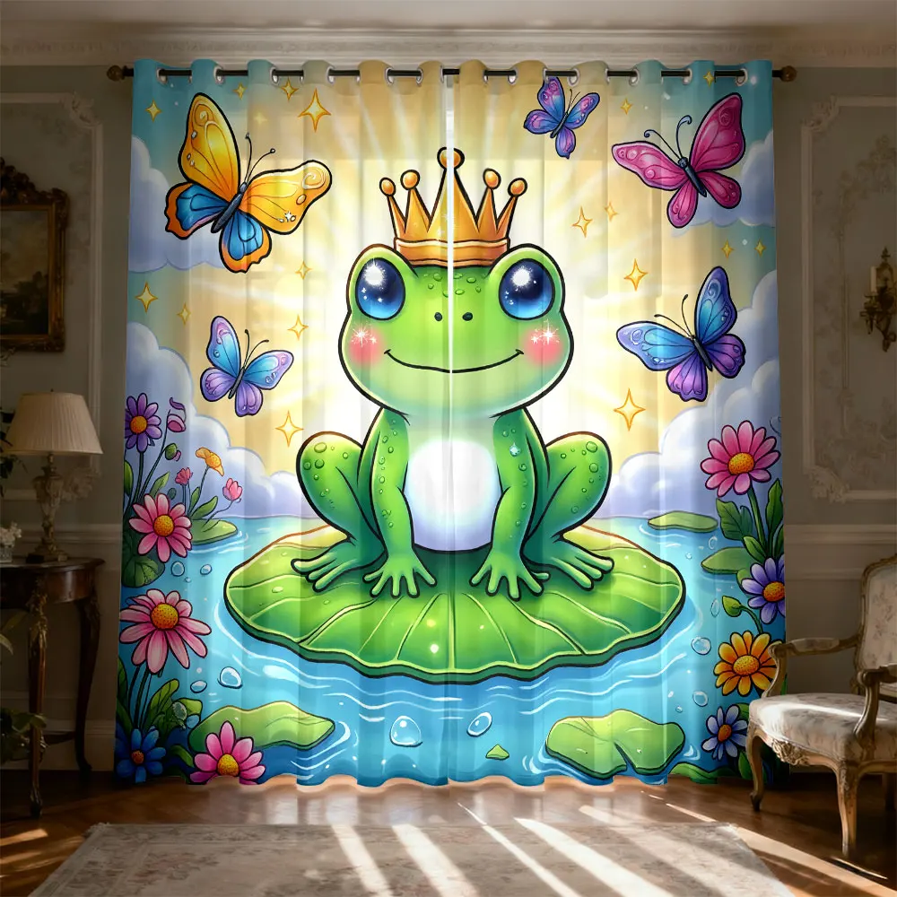 2pcs 90g brushed fabric curtains with cartoon patterns of Frog Prince, lotus leaves, butterflies suitable for home decoration