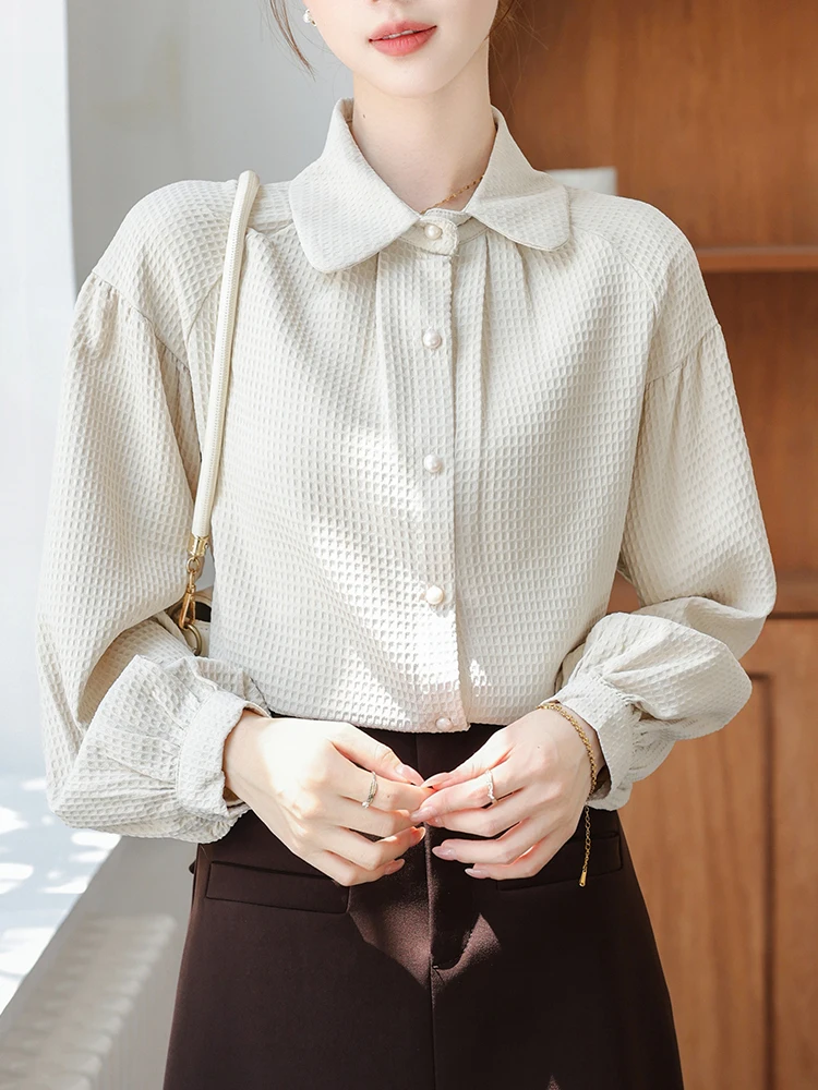 Women Dressy Casual Tops Bussiness Work Blouses Apricot Button Down Shirts Long Sleeve Waffle Single-Breasted Tops Elegant Shirt