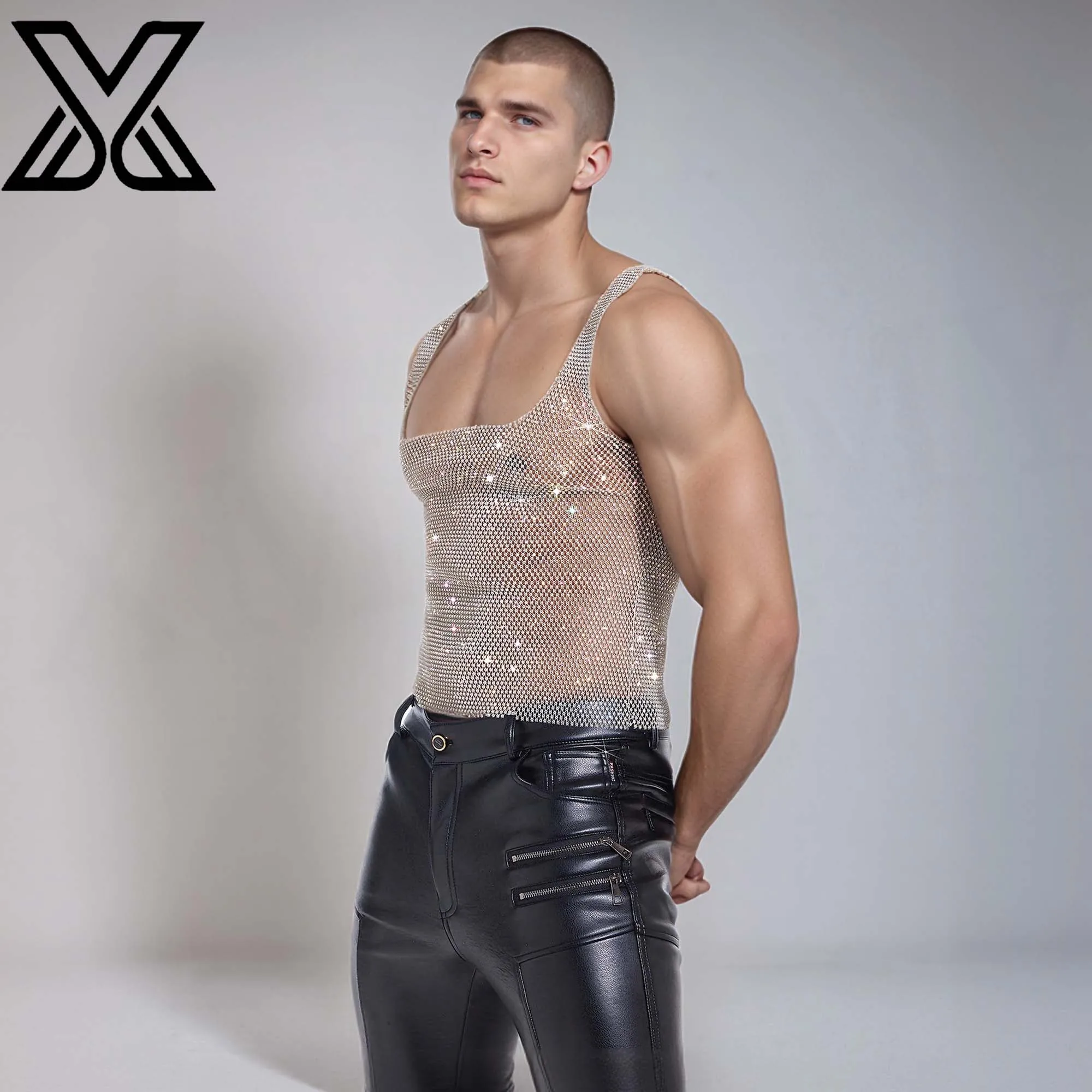 XMJXMY Sparkling Diamond Men's Strap Top Beach Sparkling Swimsuit Personalized Full Diamond Perspective Bottom Tank Top