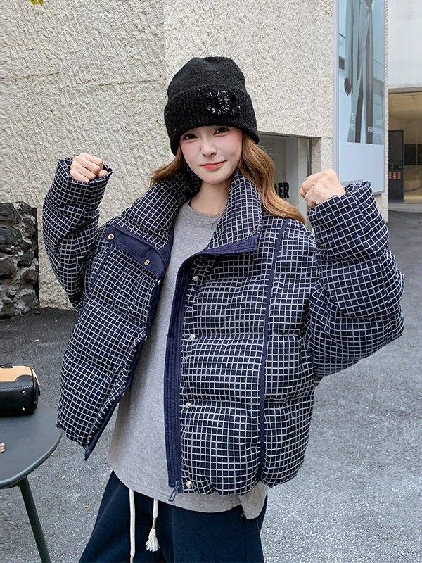 Manteau d'hiver rétro vintage pour femme, style puffer, col montant, coupe ajustée, motif à carreaux, vêtement décontracté