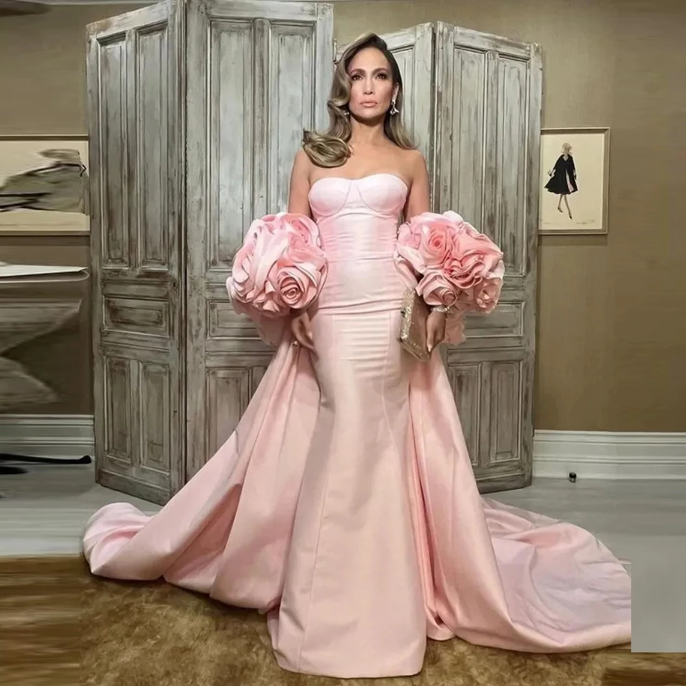 Luxury Evening Gowns Long Cloak Custom Made Special Occasion Floral Dress Pink Satin Floor Length Elegant Party Prom Gown Train