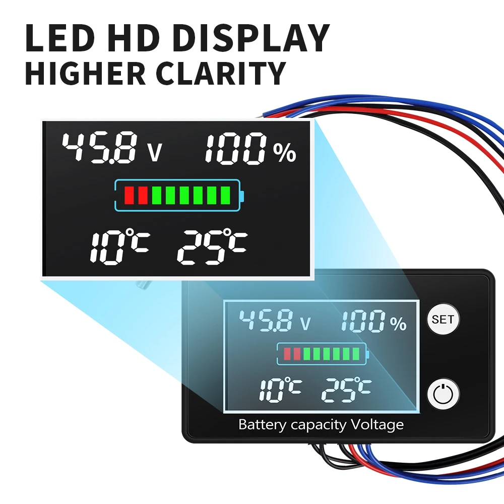 10-100V Battery Capacity Indicator Acid Lead Lithium Battery Voltmeter Voltage Tester Monitor With Sensor Temperature Control