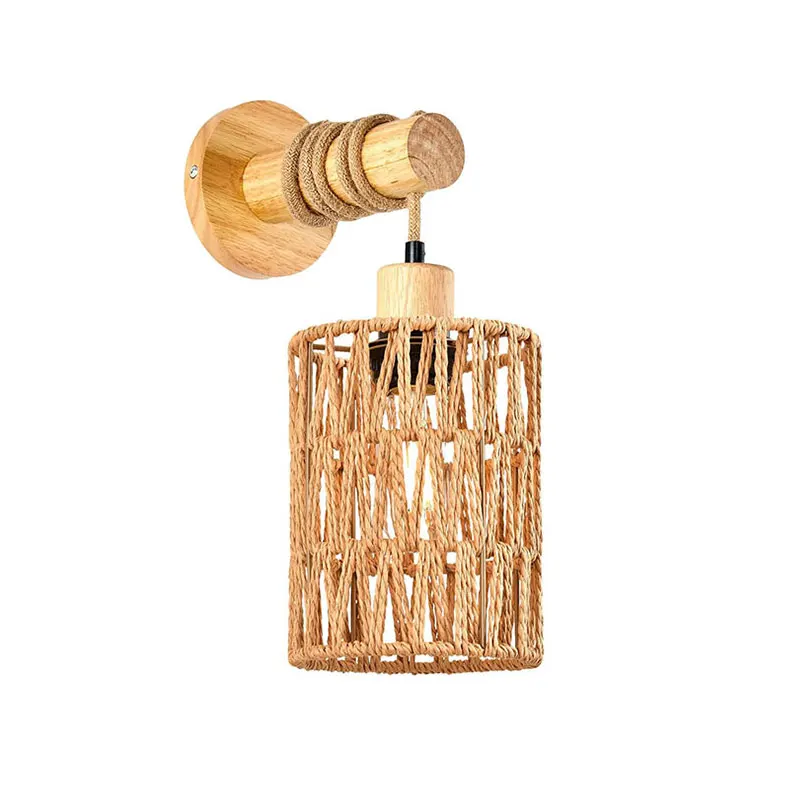 Wooden bedside wall lamp dining room bedroom farmhouse rural aisle lamp indoor background wall Sconce hemp rope wall light