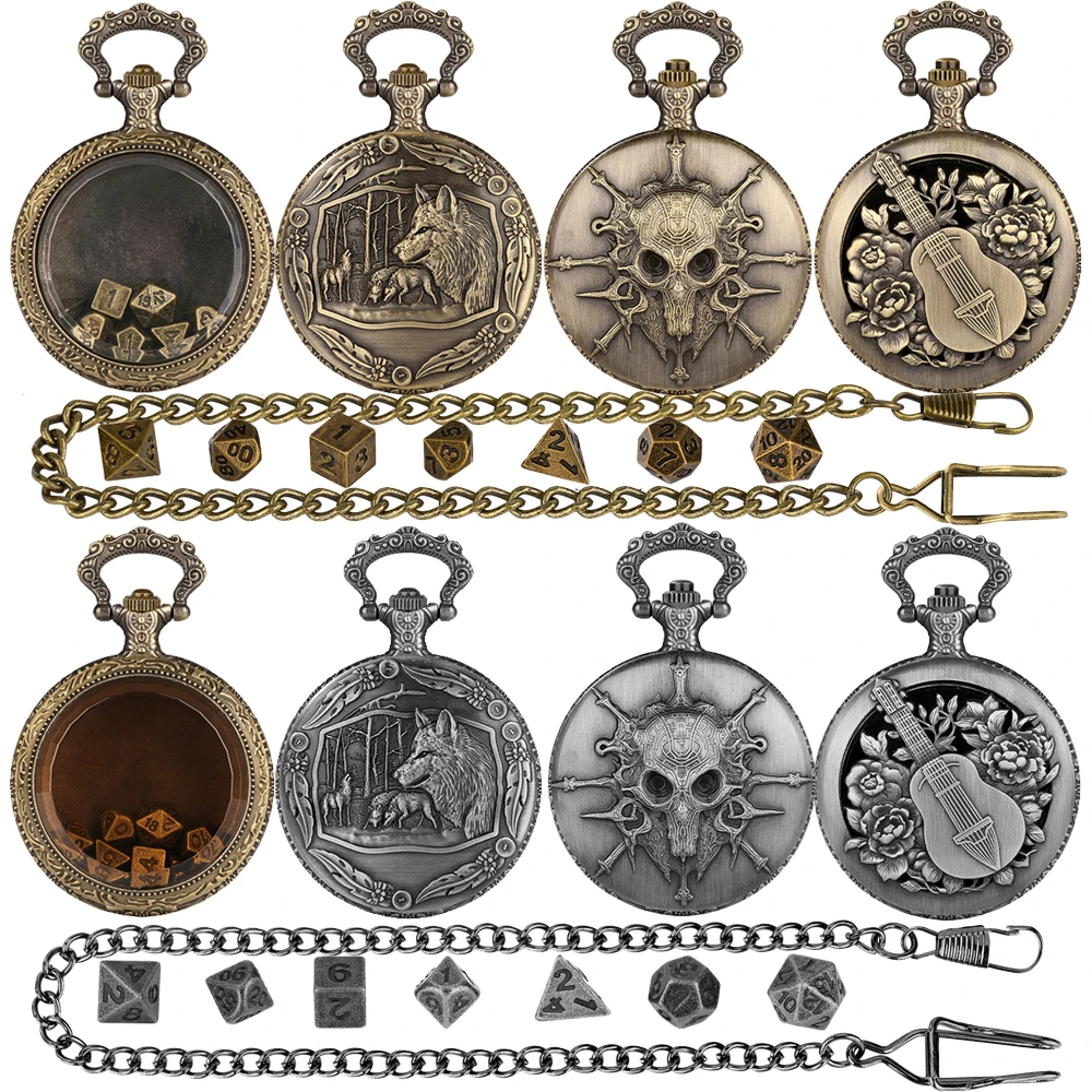 Vintage Fob Chain Pendant Pocket Watch Case with Mini Entertainment Game Dice Set Retro Gift for Role-Playing