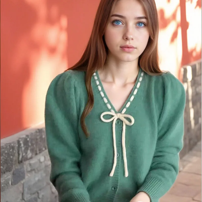 

Весенне-осенний милый маленький пуловер с галстуком-бабочкой, изысканный и элегантный универсальный свитер с длинными рукавами и v-образным вырезом