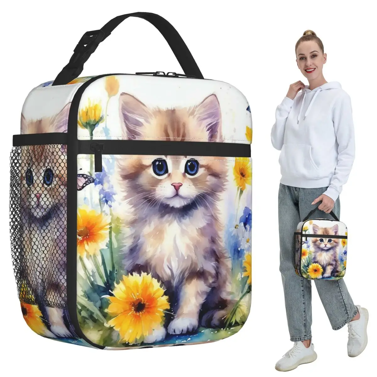 Oil Art Kitten And Yellow Flower Isolierte Lunchtasche für Kinder, Schulkühler, Thermo-Lebensmittelbox, tragbare Lunchboxen, Behälter