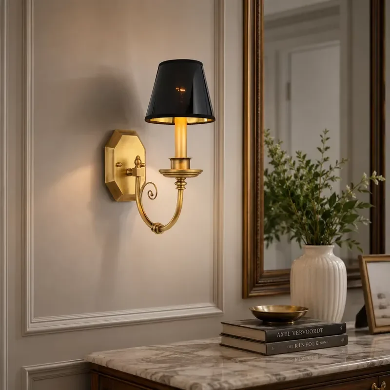 Vintage Black Fabric Wall Lamp Single Arm Antique Brass Finish Interior Lighting Fixture for Bedroom Hotel Corridor Home
