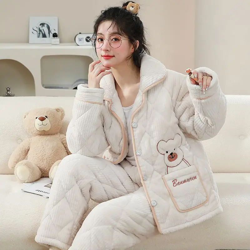 Three-layer Padded Coral Fleece Pajamas Women Worn Outside in Winter Thickened Fleece Student Dormitory Flannel Loungewear Set