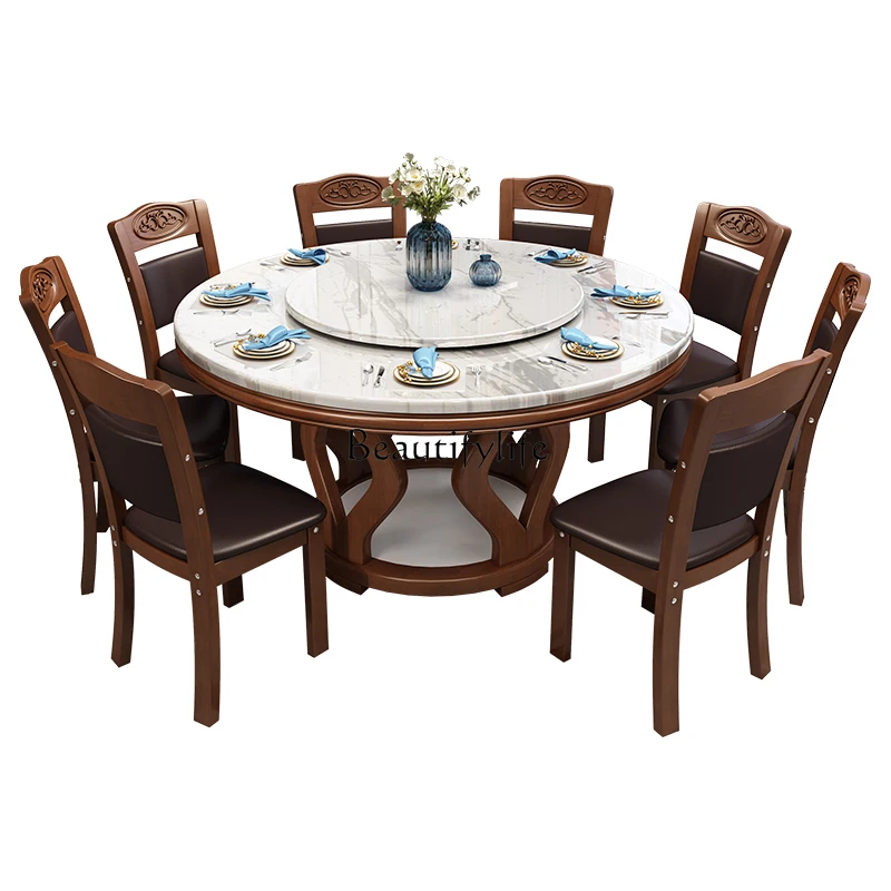 

Solid Wood Dining Tables and Chairs Set Household Small Apartment round Dining Table Stone Plate Modern Minimalist