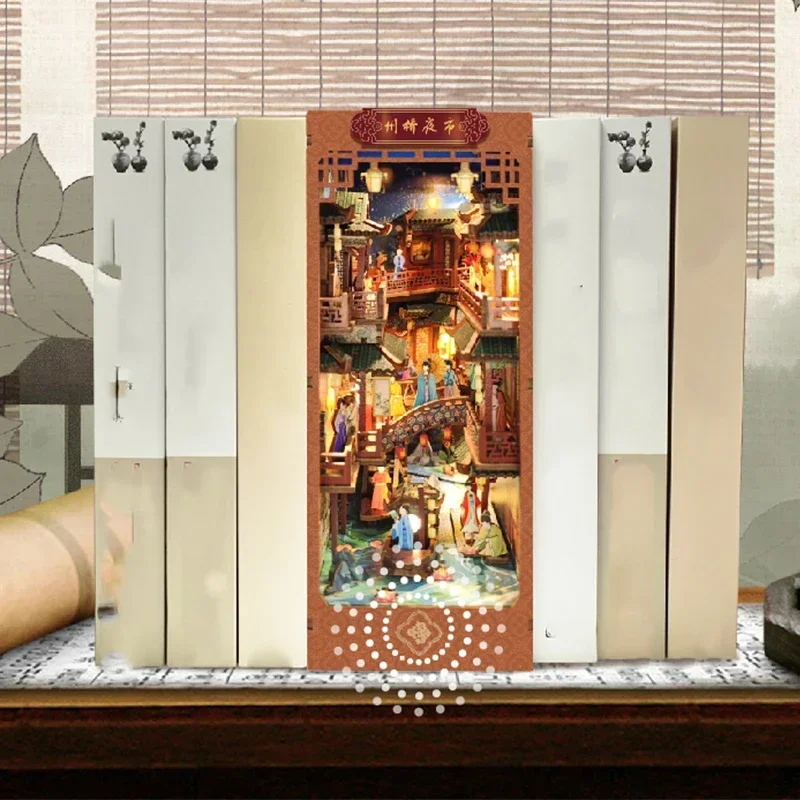 

Retro DIY Wooden Book Nook Shelf Insert Chinese Ancient Night Market Bookshelf Miniature Building Kits Bookends Gifts Home Decor
