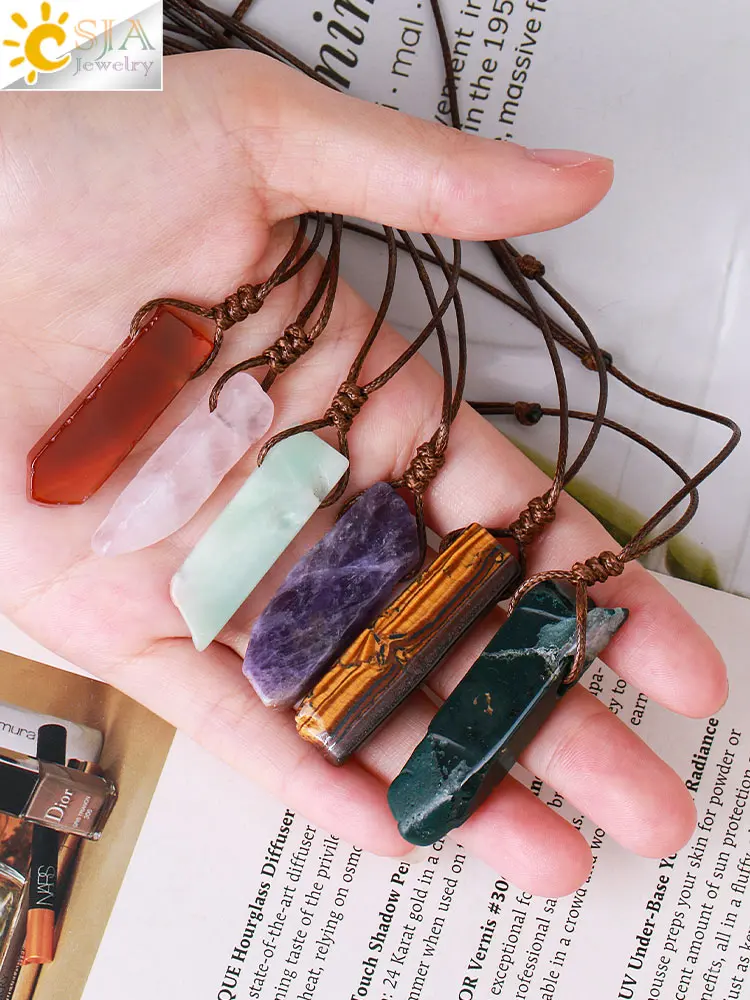 CSJA Healing Crystals Necklaces Irregular Natural Stone Slice Pendant Necklace Pink Quartz Labradorite Tiger Eye Jewelry H090