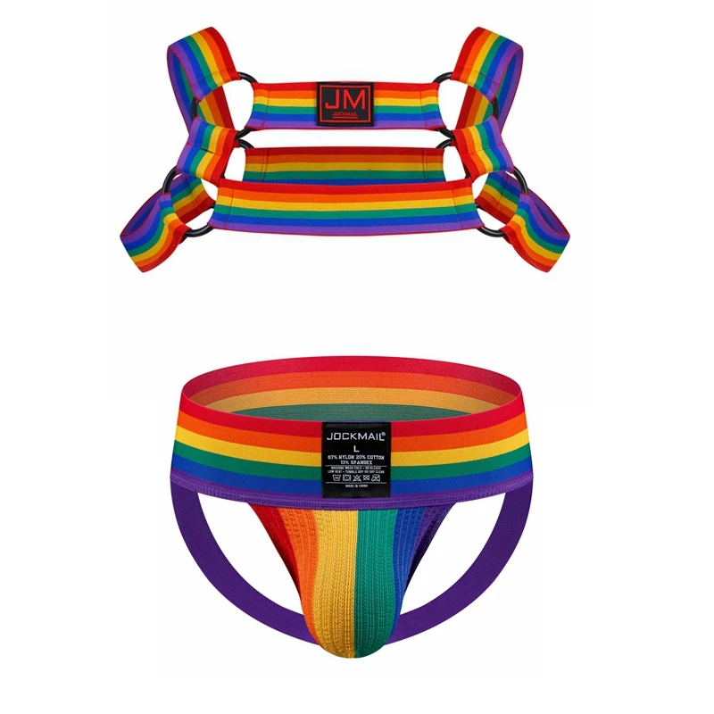 Conjuntos de ropa interior con arnés para hombre, ropa interior erótica Gay, lencería, cinturones de Bondage, fetiche, suspensorio para hombre, Tanga con patrón de arco iris